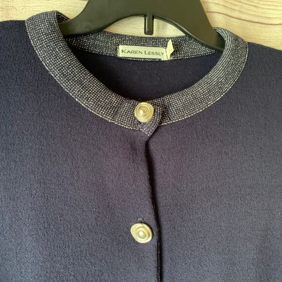 Vintage Karen Lessly Navy Cardigan Silver Metallic Thread and Rose Buttons Large - Picture 3 of 13